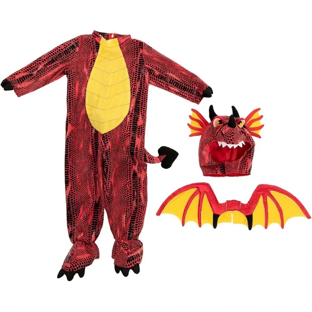 Spooktacular Creations Dragon Costume Kids 3T Red Wings Hood Mythical Shiny B3